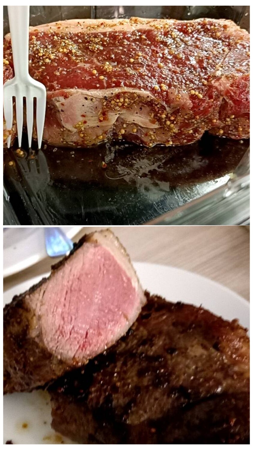 ホールフーズで購入した厚切り牛ステーキ肉と、レアに焼き上げた断面を並べたコラージュ写真。4cmほどの厚みが特徴。